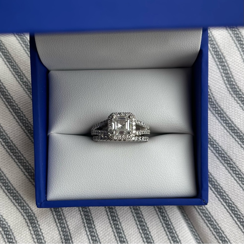 💍 Charles Colvard Forever One 14k White Gold Asscher Halo Engagement Ring Sz 6